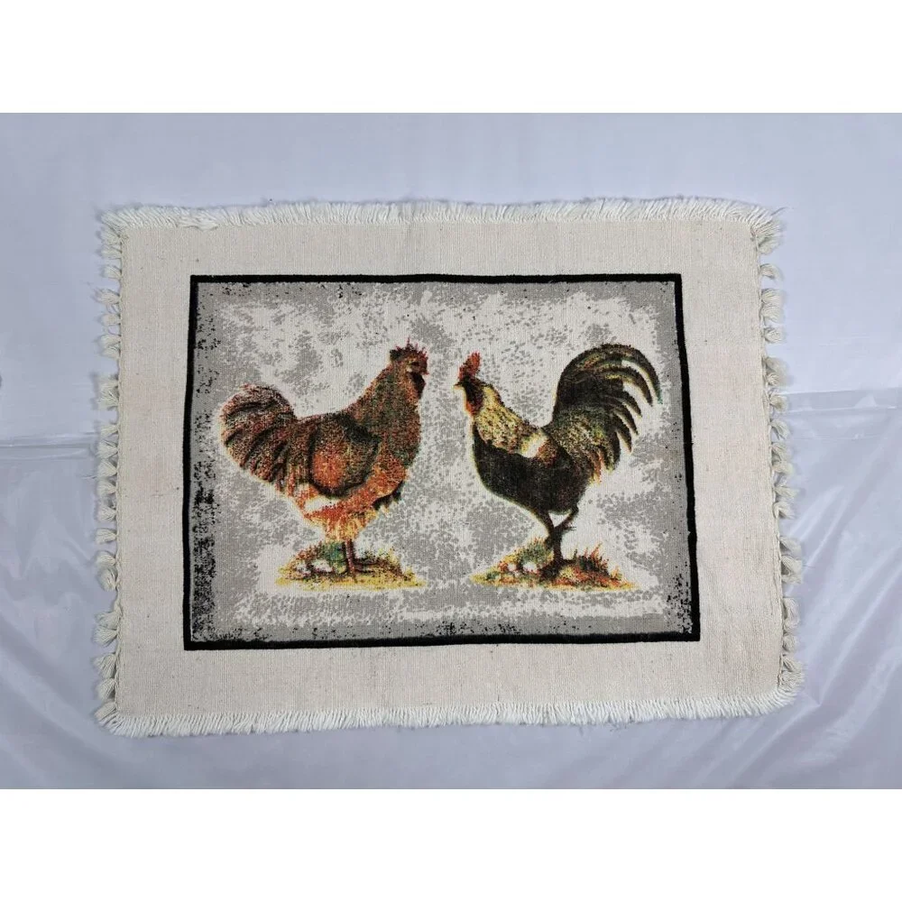 Set Of 6 Rustic Rooster Placemats Fringed Edges Linen Look Cottage‎ Farmhouse